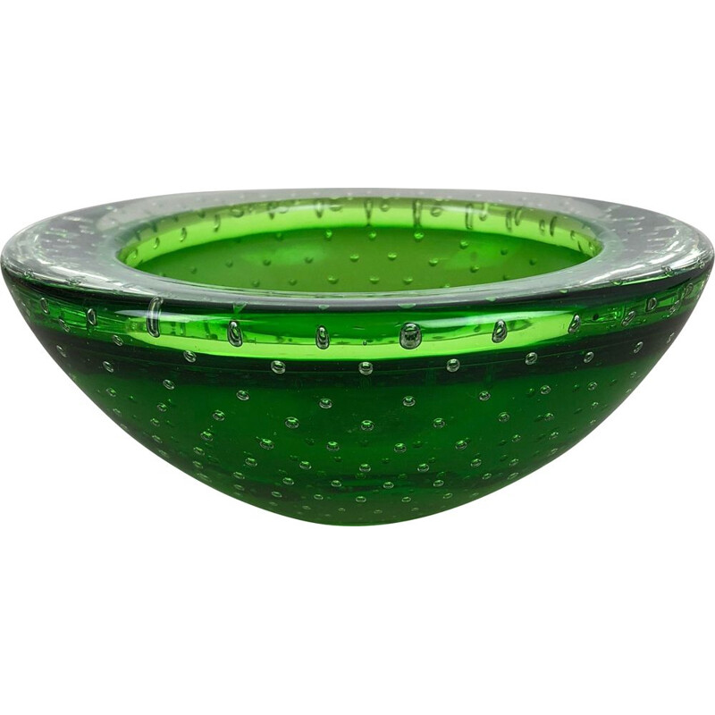 Vintage ashtray in green Bullicante glass from Murano, Italy 1970
