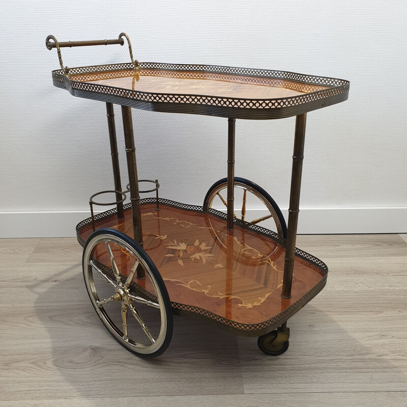 Italian brass trolley bar cart with wooden inlay and faux bamboo 1950s