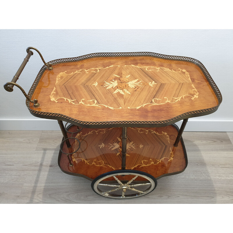 Italian brass trolley bar cart with wooden inlay and faux bamboo 1950s