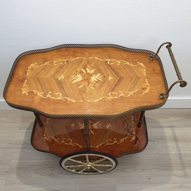 Italian brass trolley bar cart with wooden inlay and faux bamboo 1950s