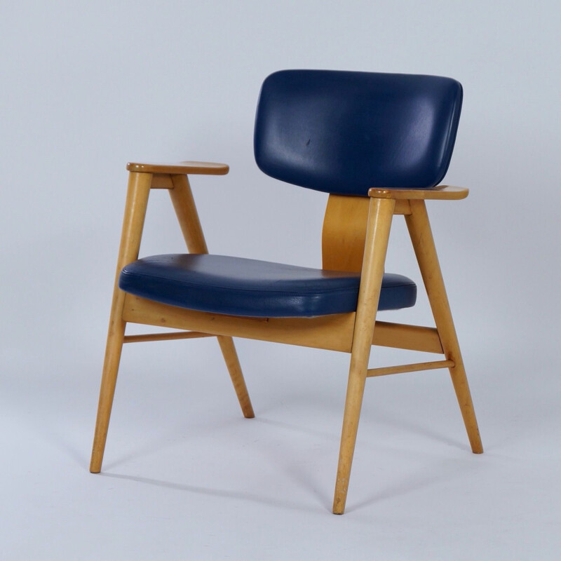 Armchair by Cees Braakman for Pastoe Birch and Blue Leather 1950