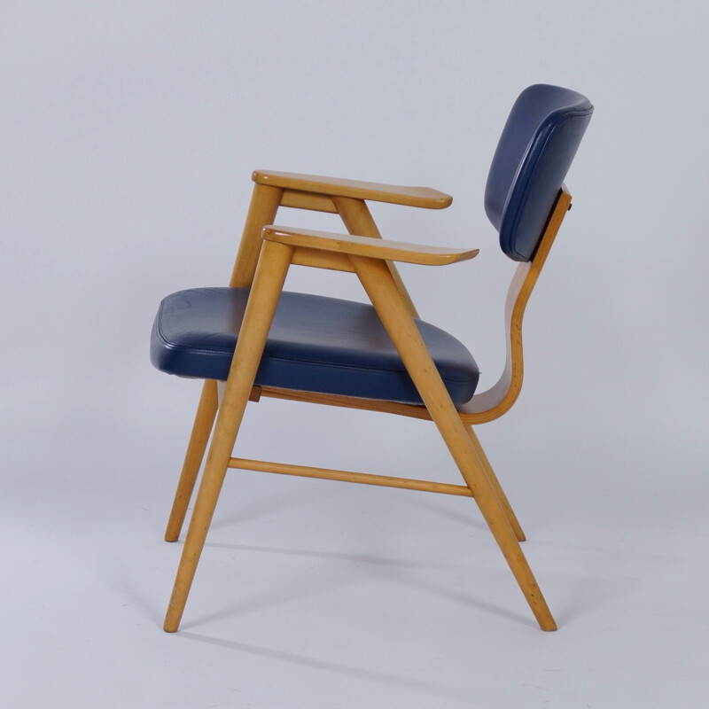 Armchair by Cees Braakman for Pastoe Birch and Blue Leather 1950