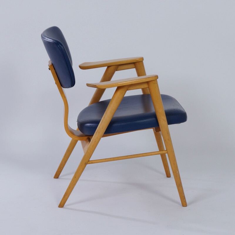 Armchair by Cees Braakman for Pastoe Birch and Blue Leather 1950