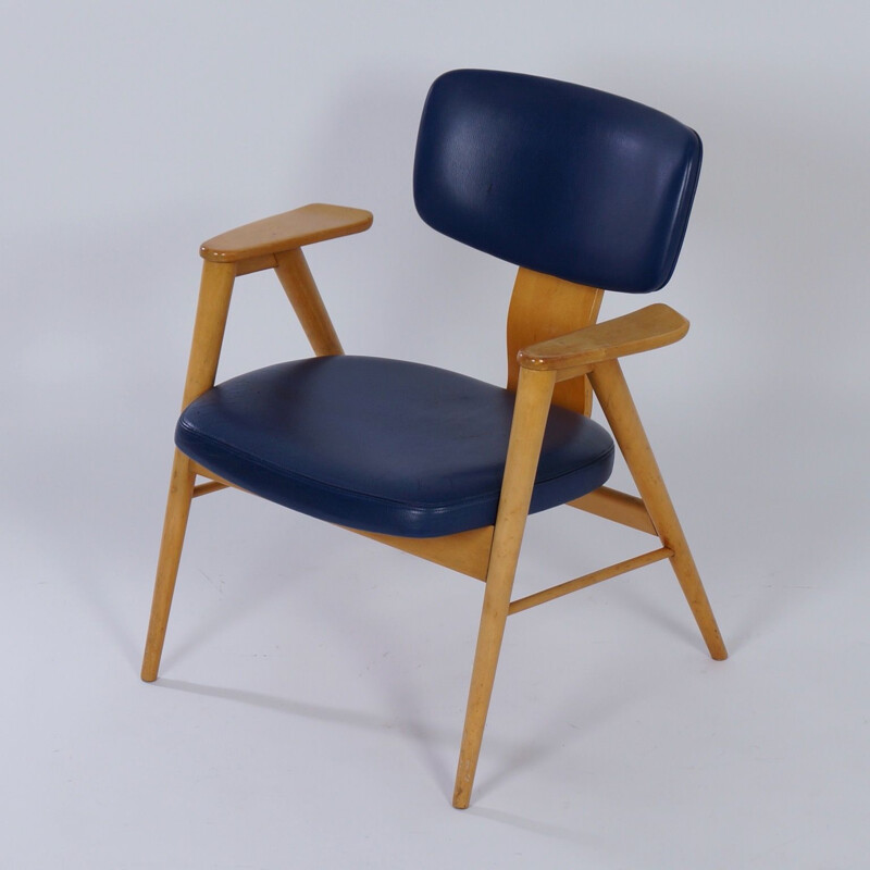 Armchair by Cees Braakman for Pastoe Birch and Blue Leather 1950