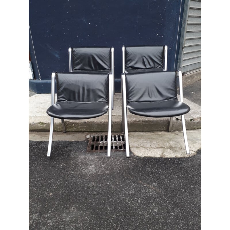 set of 4 vintage chrome and leather Italian design chairs 70