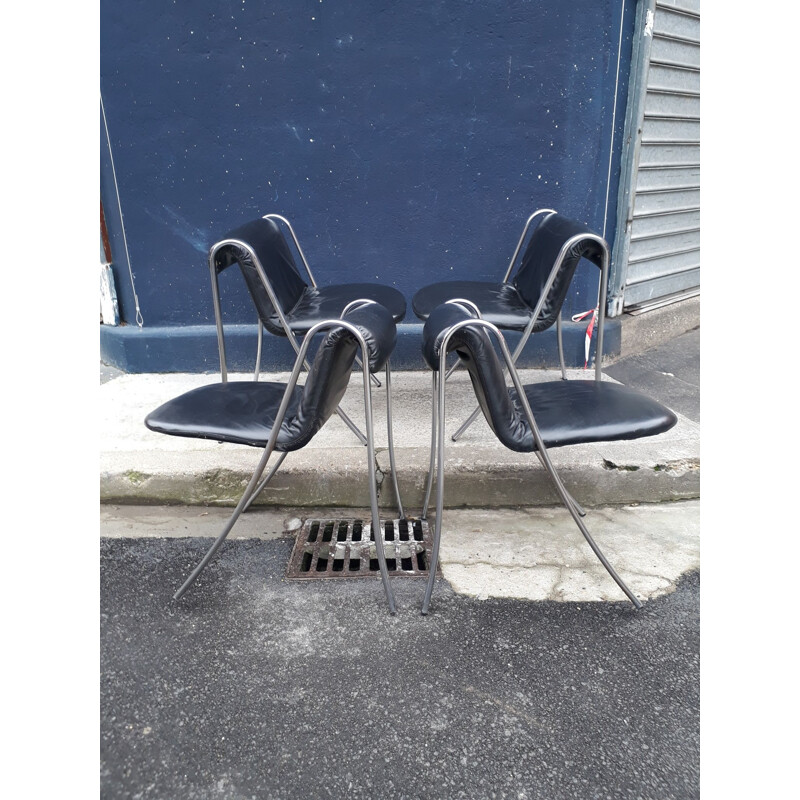 set of 4 vintage chrome and leather Italian design chairs 70