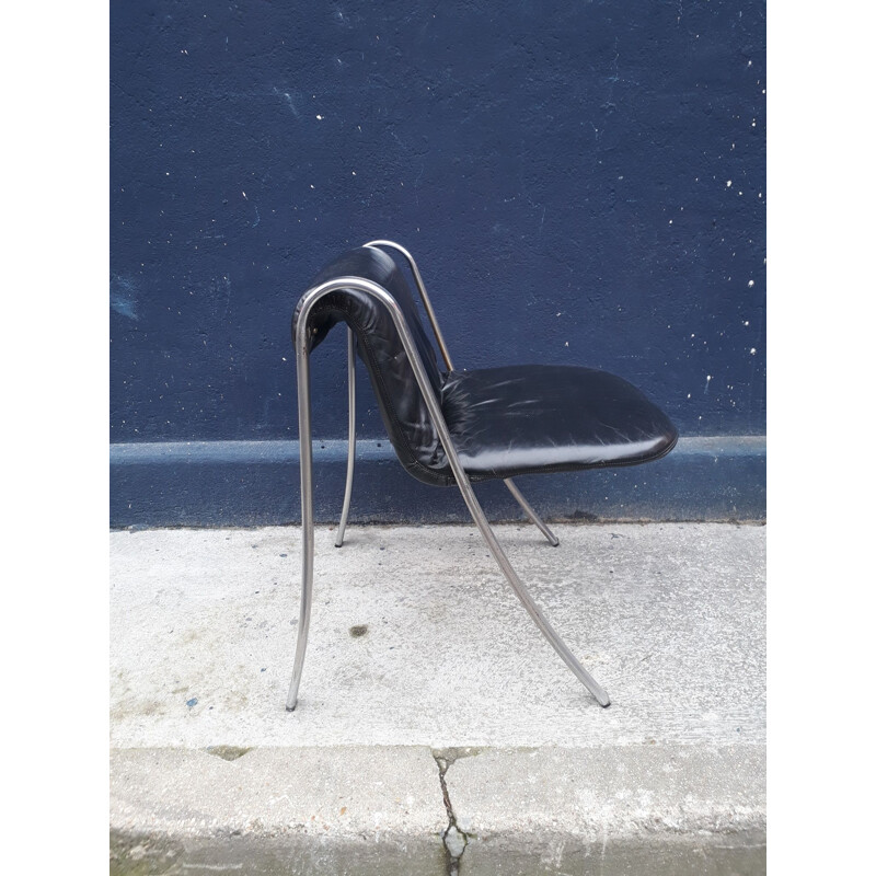 juego de 4 sillas vintage de cromo y cuero diseño italiano 70
