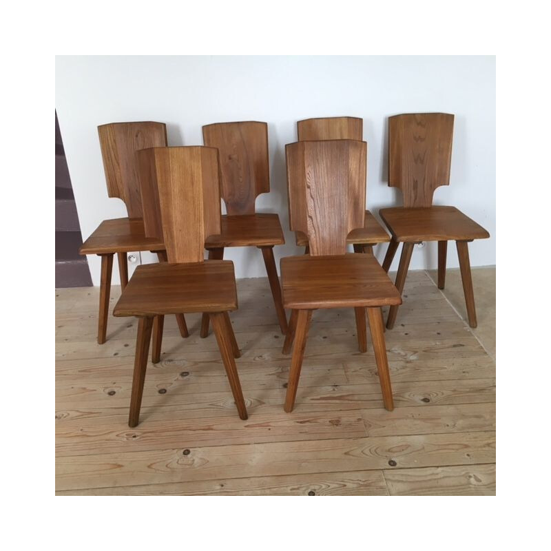 Set of 6 elm Pierre Chapo chairs 1976