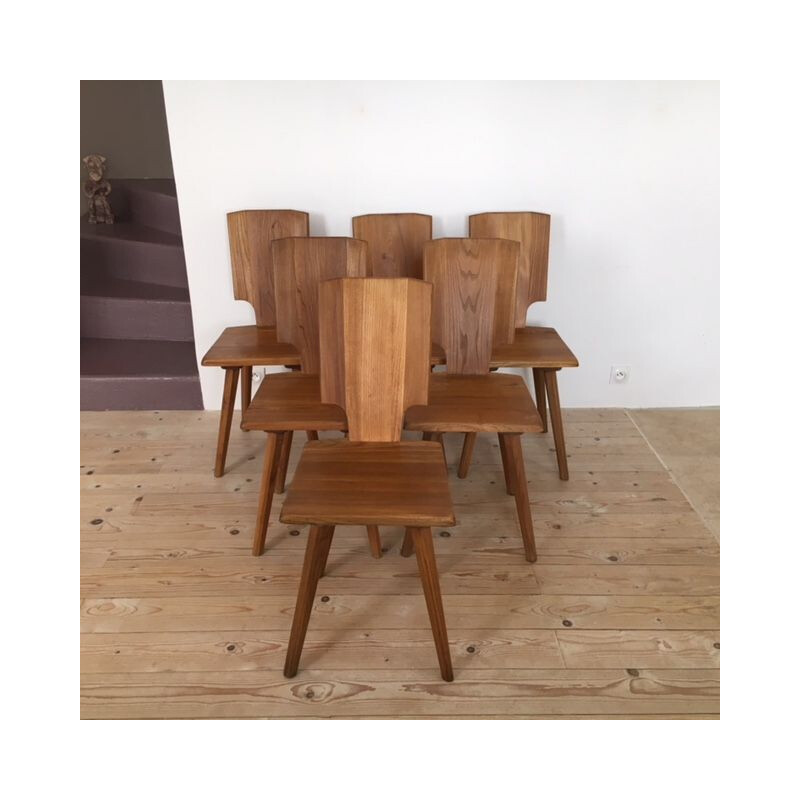 Set of 6 elm Pierre Chapo chairs 1976