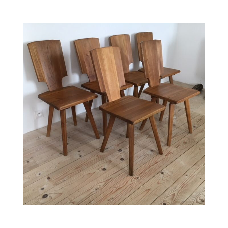 Set of 6 elm Pierre Chapo chairs 1976