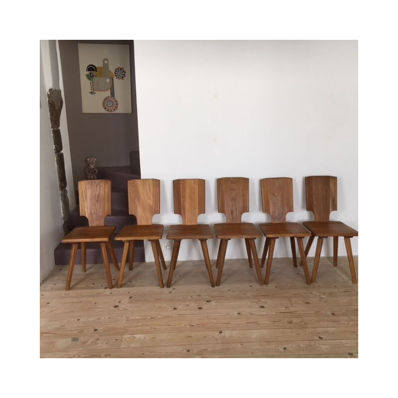 Set of 6 elm Pierre Chapo chairs 1976