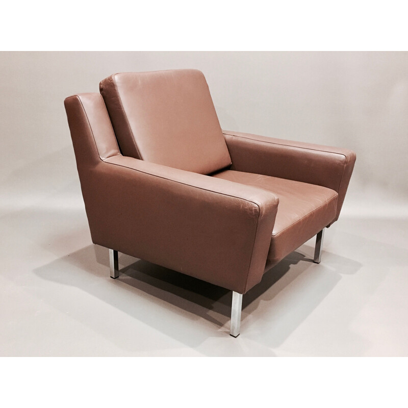 Paire de fauteuils vintage cuir marron design 1950