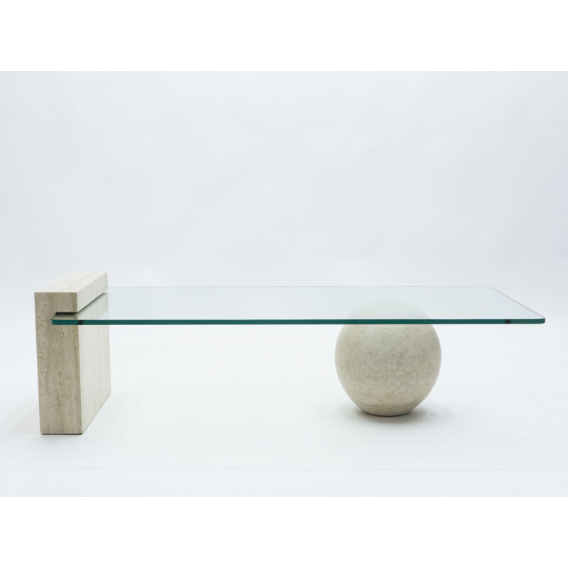 Rare travertine and glass coffee table by Philippe Barbier 1970