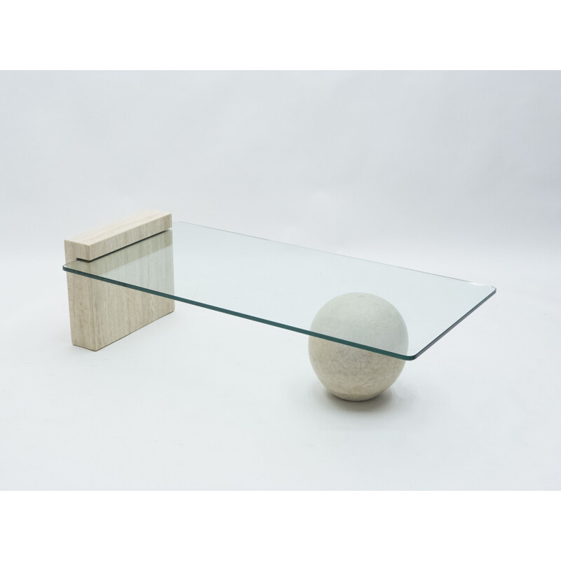 Rare travertine and glass coffee table by Philippe Barbier 1970