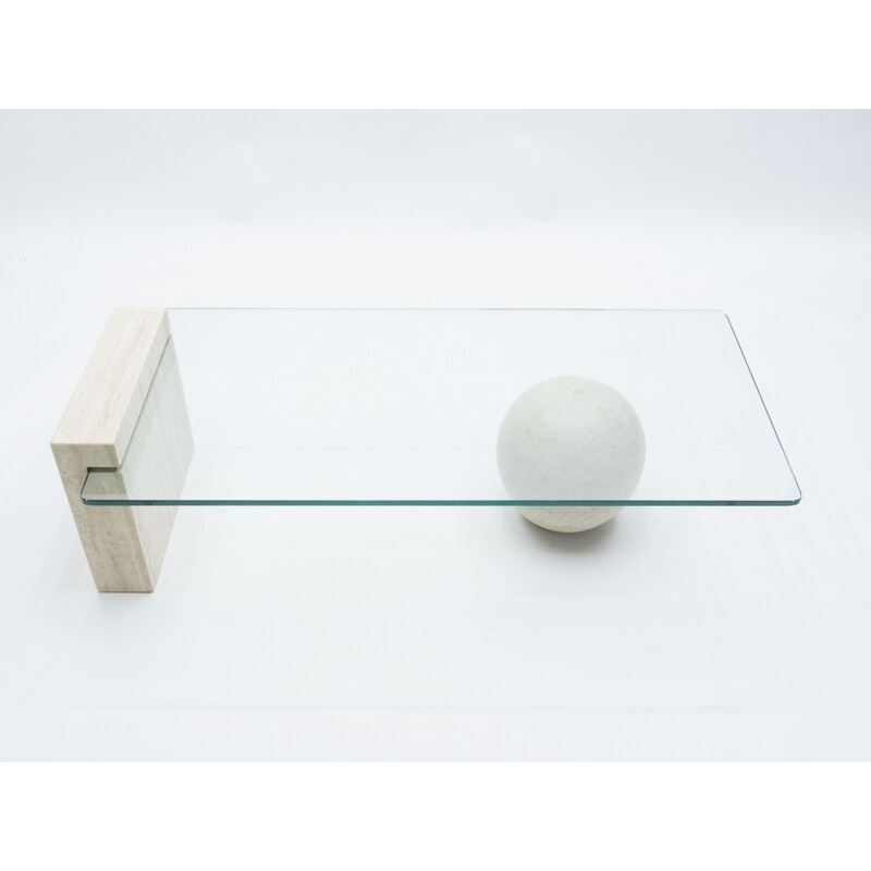 Rare travertine and glass coffee table by Philippe Barbier 1970