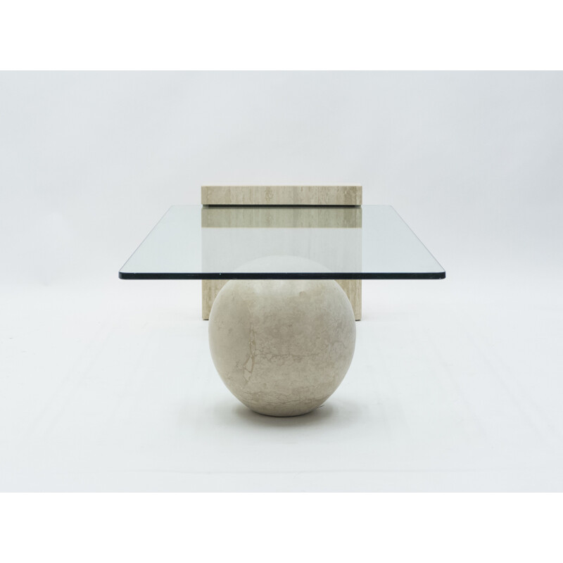 Rare travertine and glass coffee table by Philippe Barbier 1970