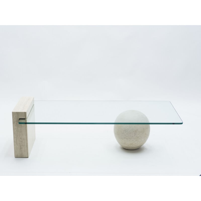 Table basse vintage Rare en travertin et verre par Philippe Barbier 1970