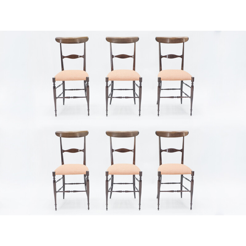 Rare Set of 6 walnut Campanino Chiavari chairs by Fratelli Levaggi 1950