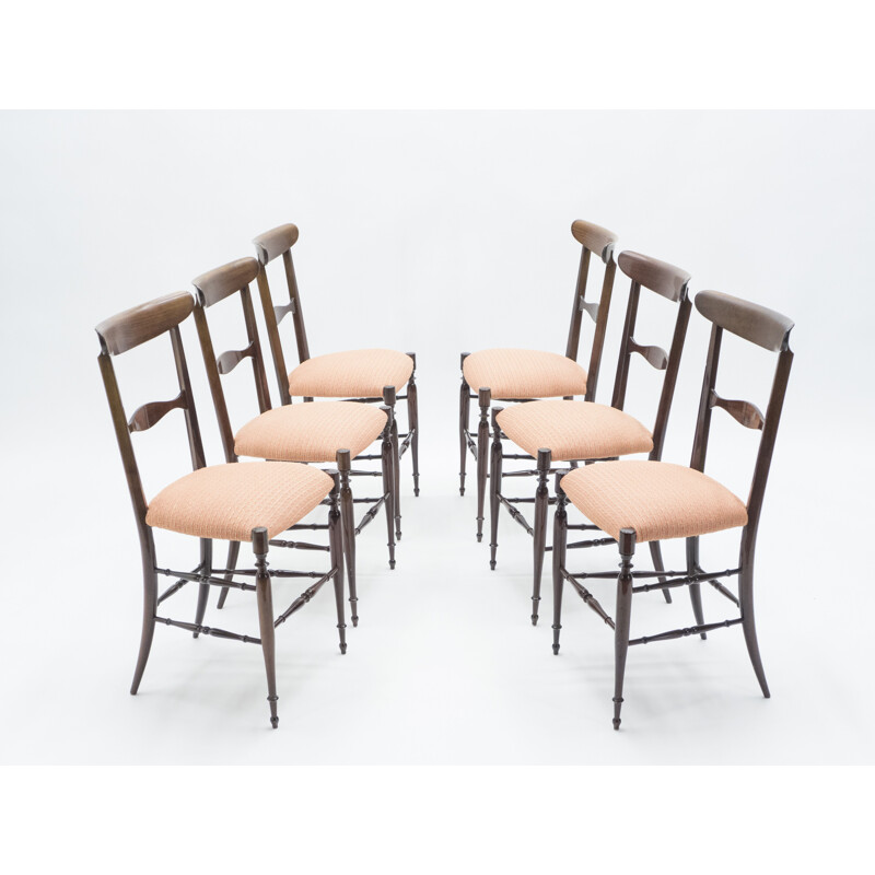 Rare Set of 6 walnut Campanino Chiavari chairs by Fratelli Levaggi 1950