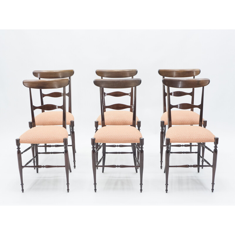 Rare Set of 6 walnut Campanino Chiavari chairs by Fratelli Levaggi 1950