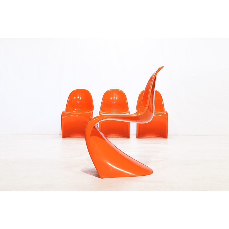 Ensemble de 4 chaises Herman Miller en plastique orange, Verner PANTON - 1970