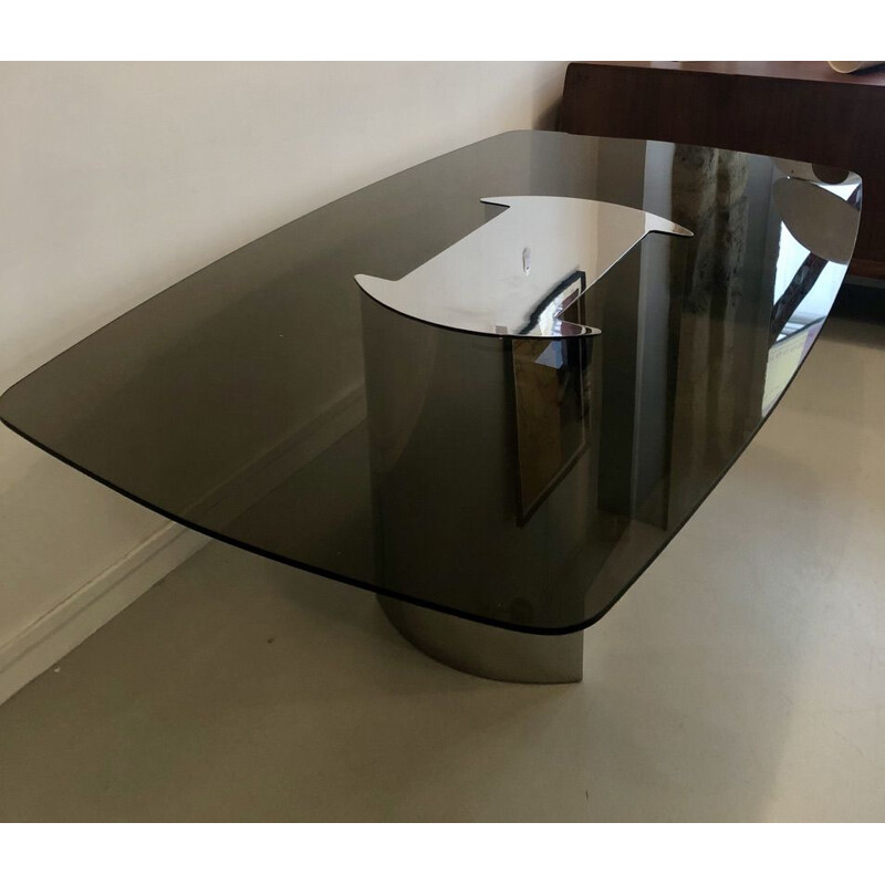 Smoked glass dining table with metal leg 1970