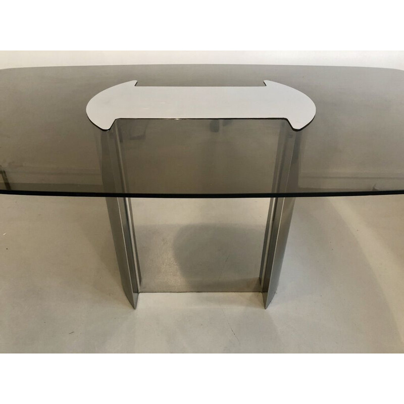 Mesa de comedor vintage en cristal ahumado y base de metal 1970