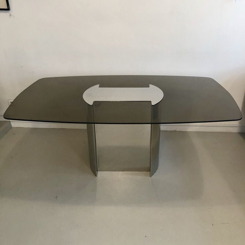 Smoked glass dining table with metal leg 1970