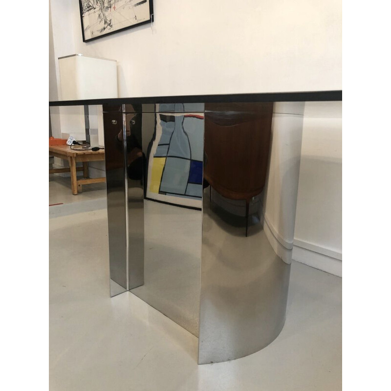 Smoked glass dining table with metal leg 1970