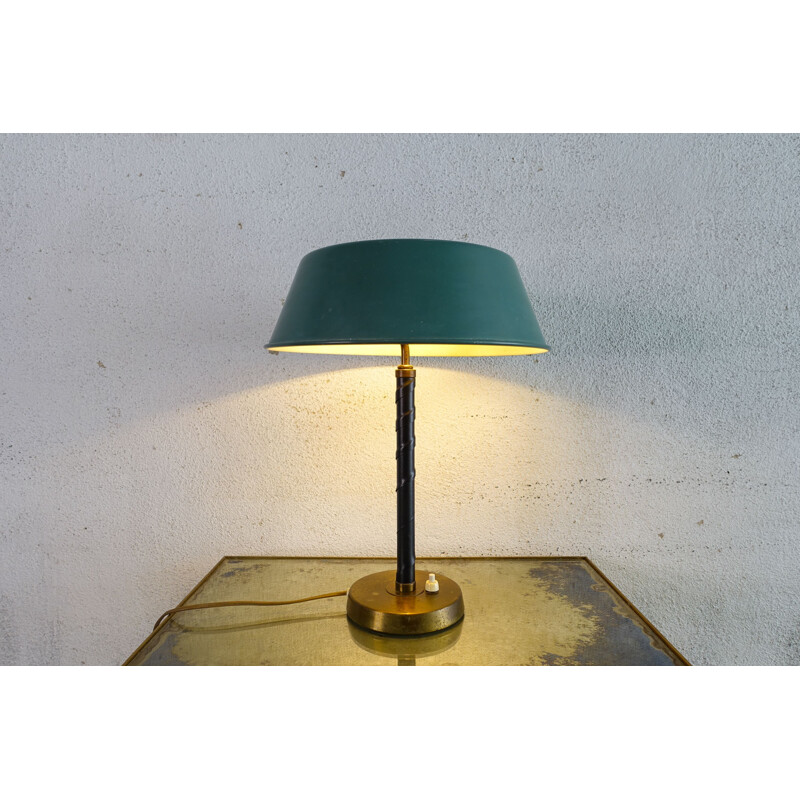 Lampe de table vintage en laiton et cuir par Einar Bäckström, 1940 