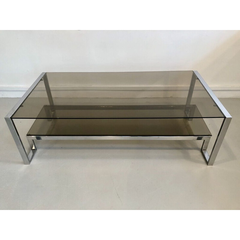 Coffee table in smoked glass and silver plated metal 1970