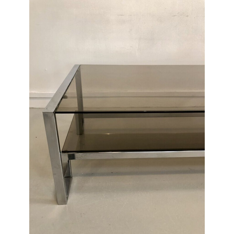 Coffee table in smoked glass and silver plated metal 1970