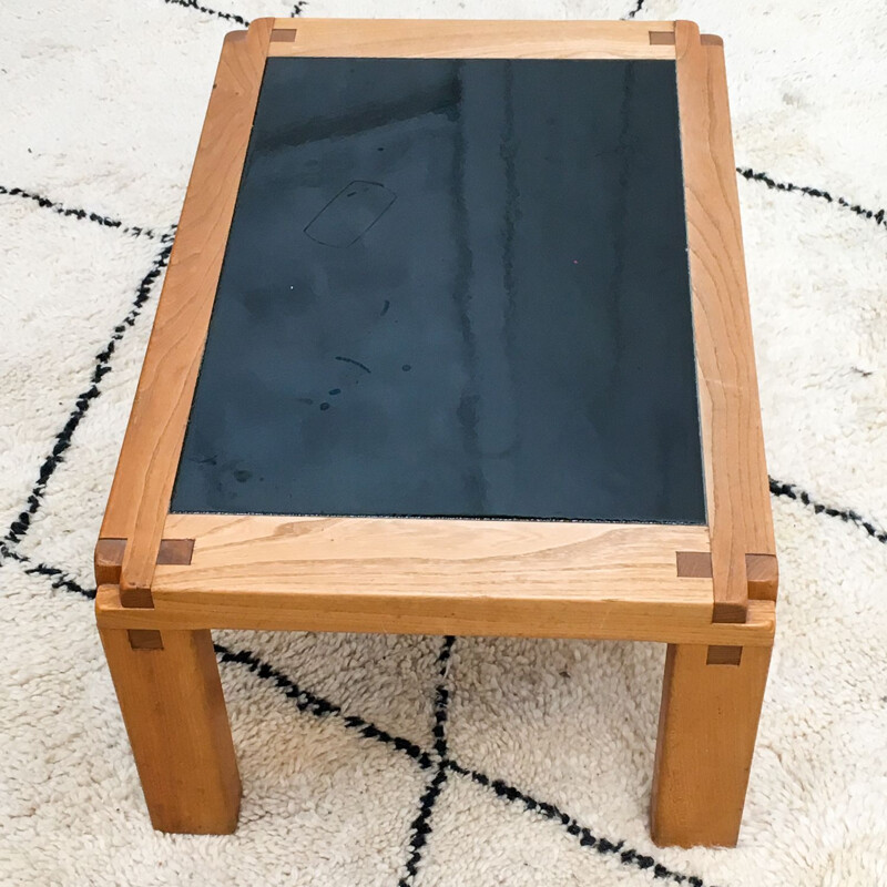 Coffee table by Pierre Chapo, solid elm and enamelled stoneware, 1970s