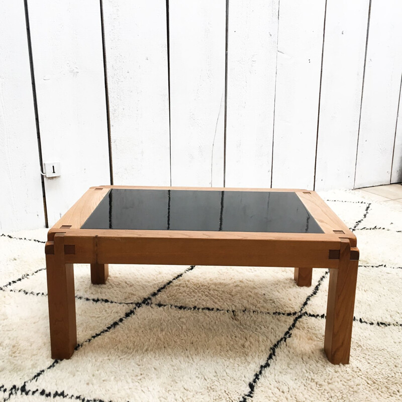 Coffee table by Pierre Chapo, solid elm and enamelled stoneware, 1970s