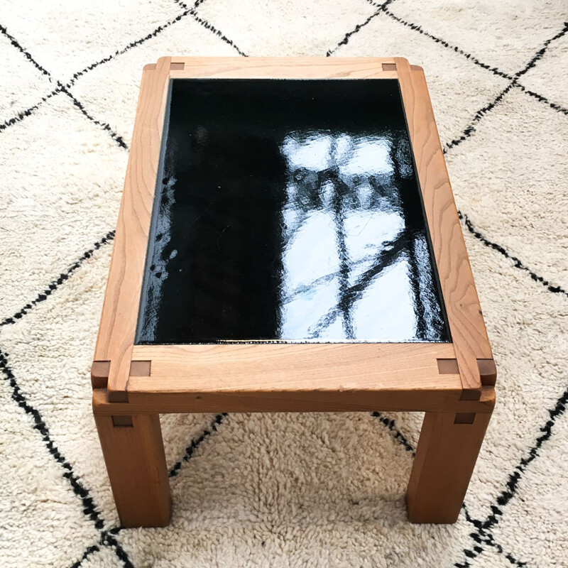 Coffee table by Pierre Chapo, solid elm and enamelled stoneware, 1970s