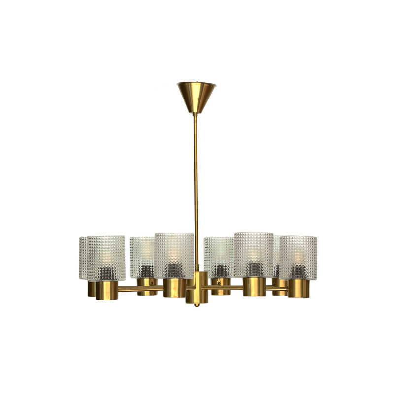 Brass eight arm chandelier with glass shades by HJA. Sweden 1960s