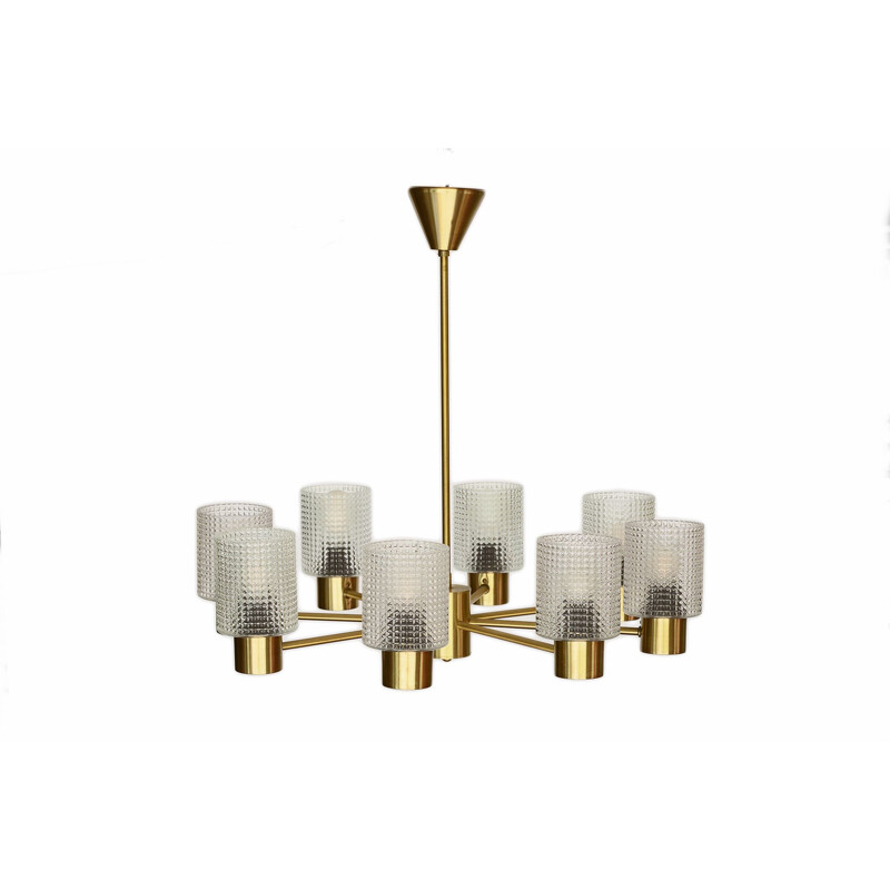 Brass eight arm chandelier with glass shades by HJA. Sweden 1960s