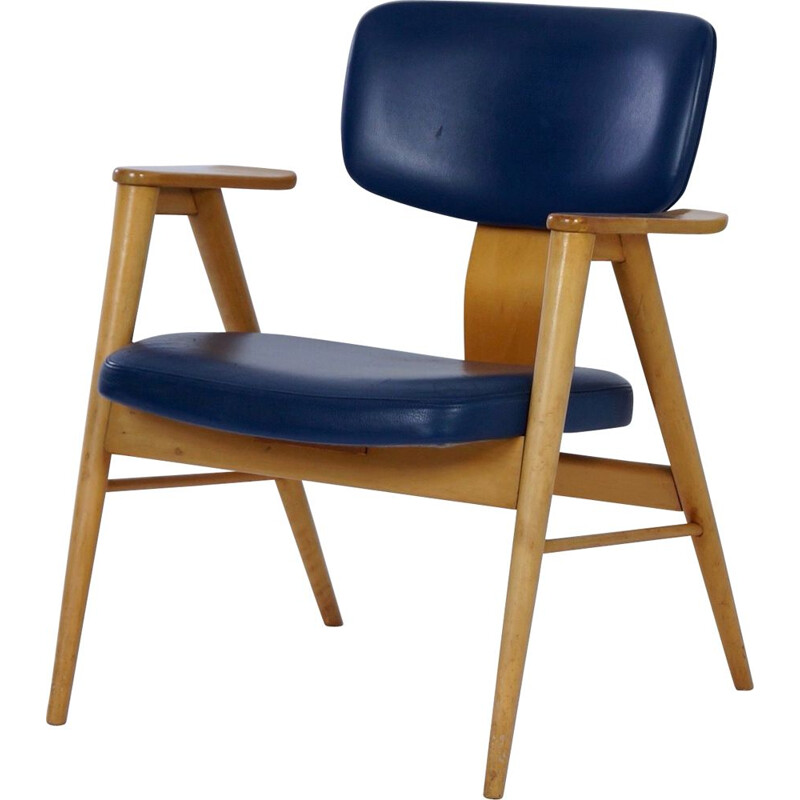 Armchair by Cees Braakman for Pastoe Birch and Blue Leather 1950