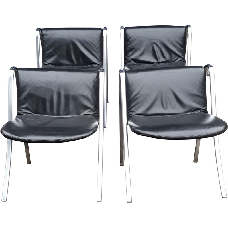 conjunto de 4 cadeiras vintage cromadas e de couro desenho italiano 70