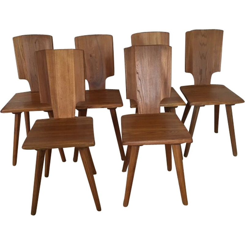 Set of 6 elm Pierre Chapo chairs 1976