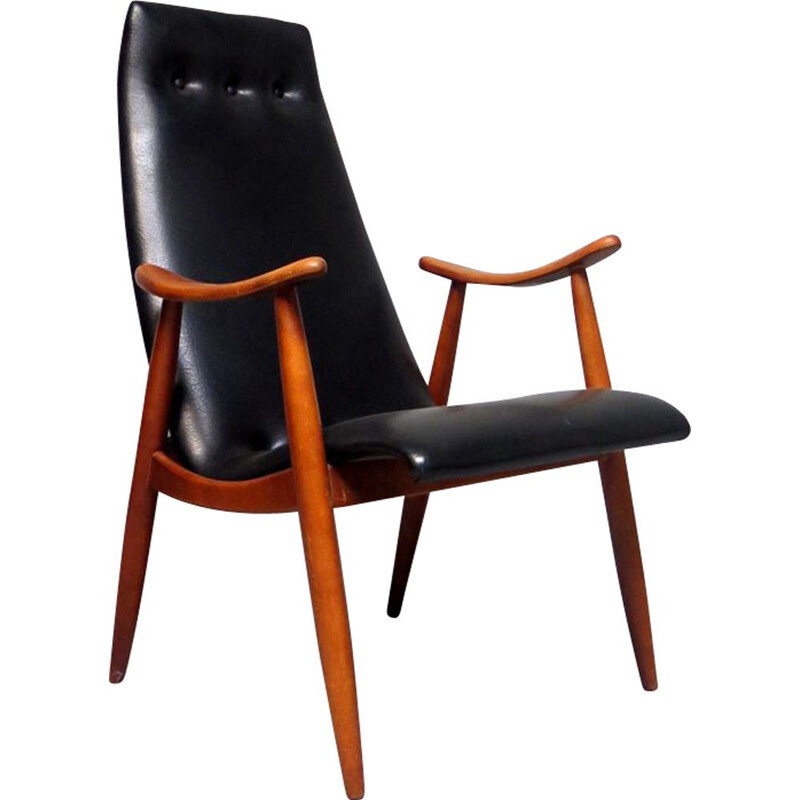 Vintage sculptural armchair in black leatherette, 1950s