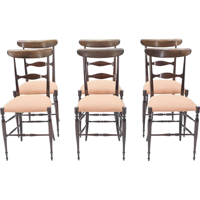 Rare Set of 6 walnut Campanino Chiavari chairs by Fratelli Levaggi 1950