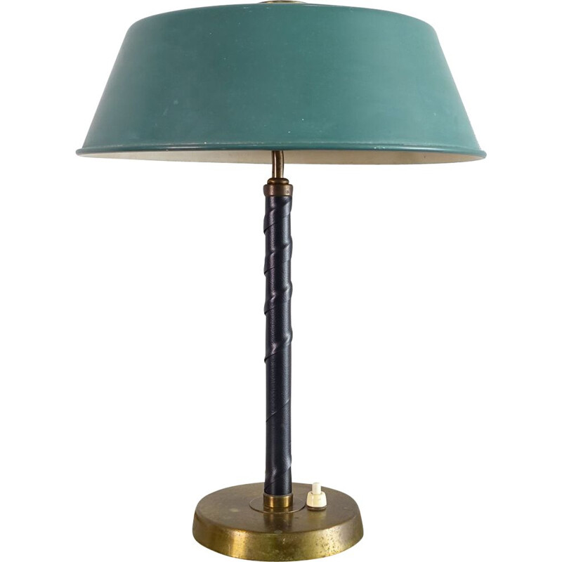 Lampe de table vintage en laiton et cuir par Einar Bäckström, 1940 