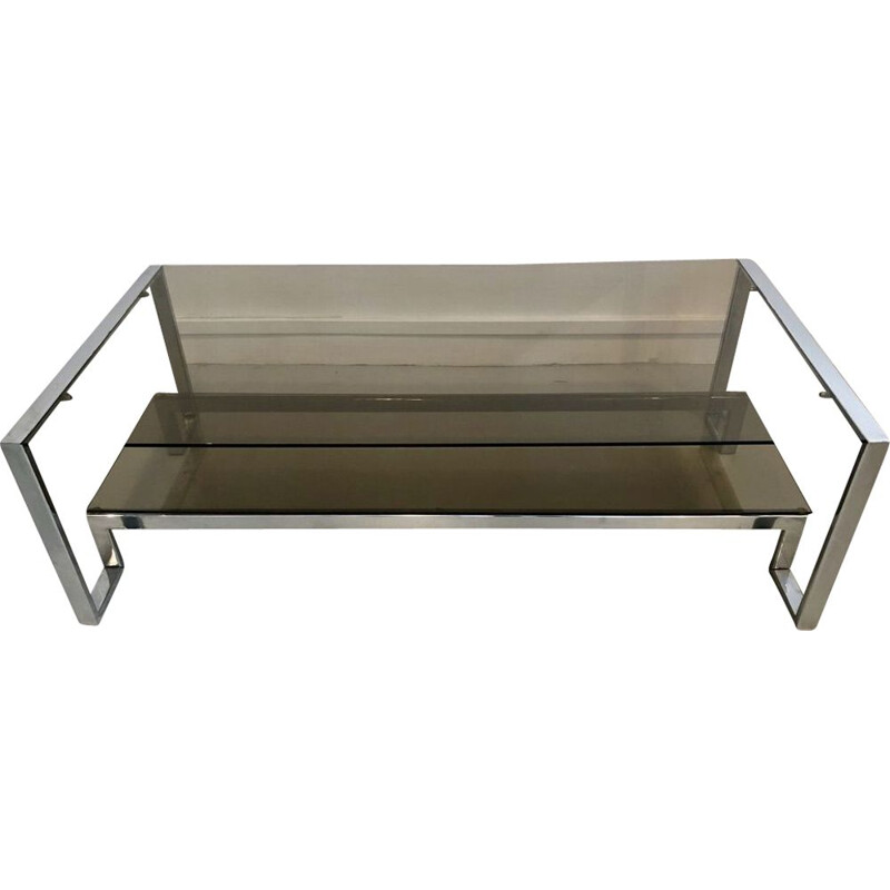 Coffee table in smoked glass and silver plated metal 1970