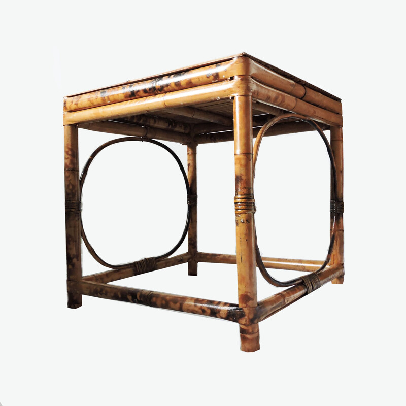 Table basse vintage carrée en bambou, 1970