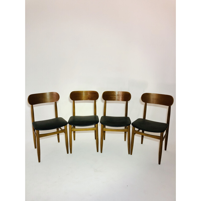 Suite of 4 vintage Scandinavian teak chairs and black leatherette