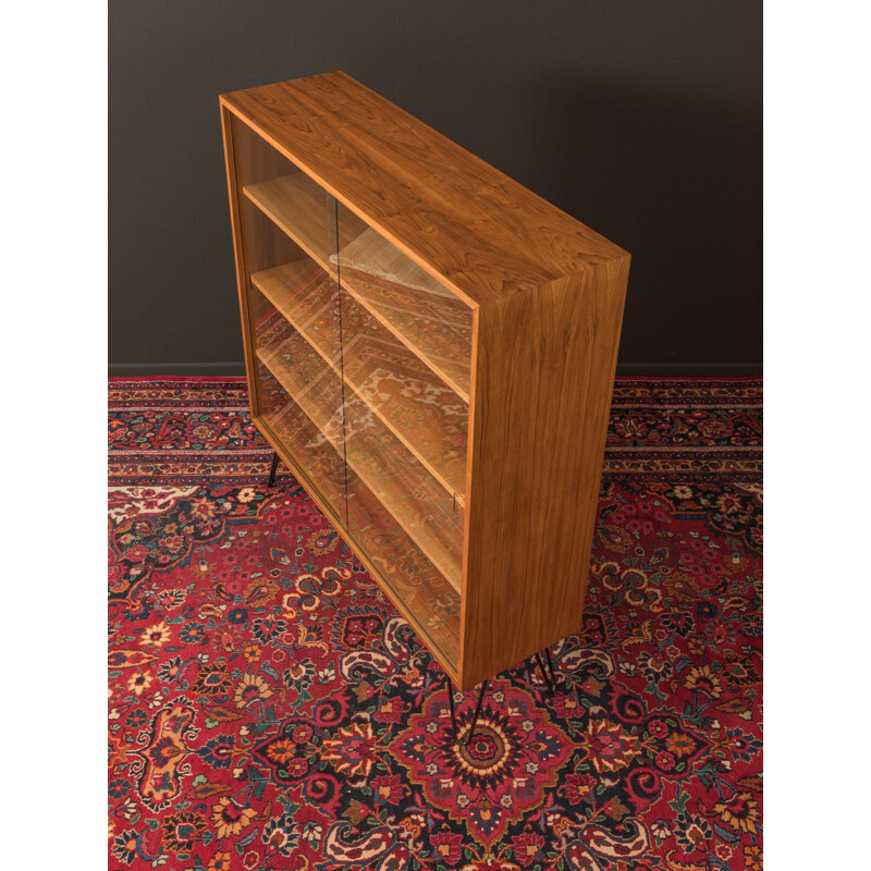 Vintage walnut veneer display case with 2 sliding glass doors 1960