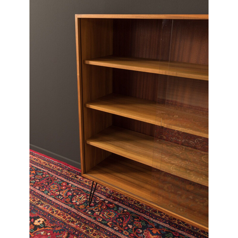 Vintage walnut veneer display case with 2 sliding glass doors 1960