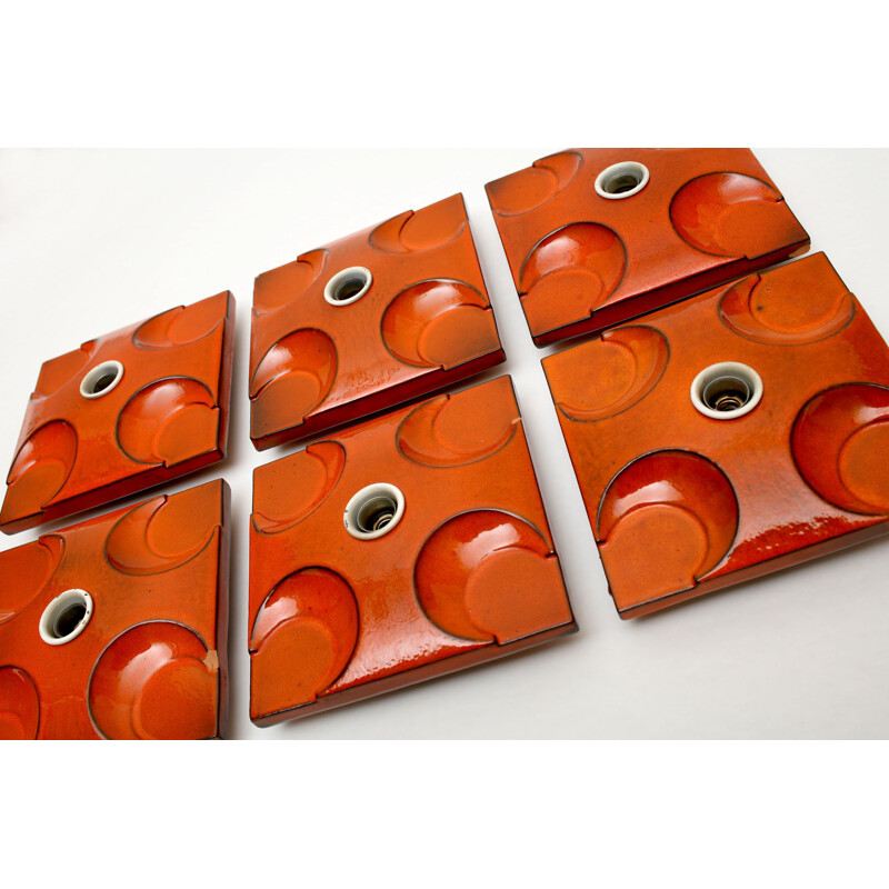 Set of 6 ceramic vintage wall lamps orange 1970s
