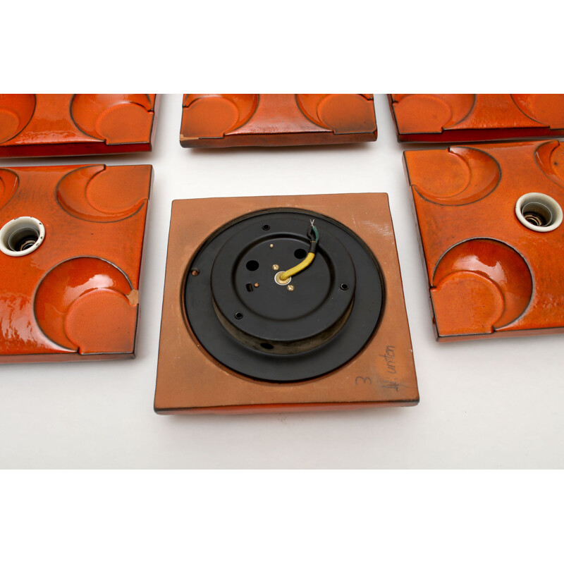 Lot de 6 appliques vintage en céramique orange 1970
